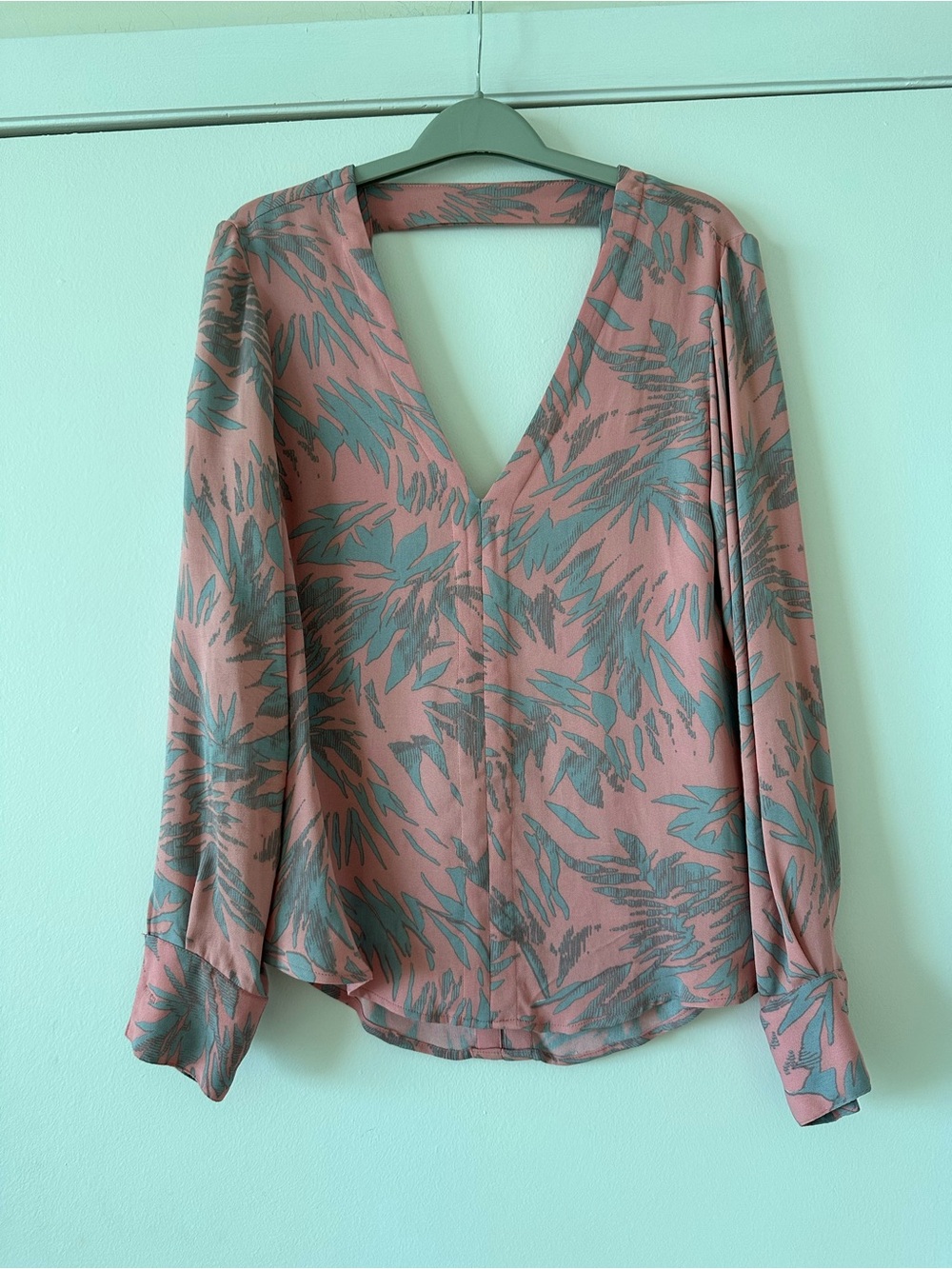 Pink Leaf-Print V-Neck Blouse by Karina Grimaldi